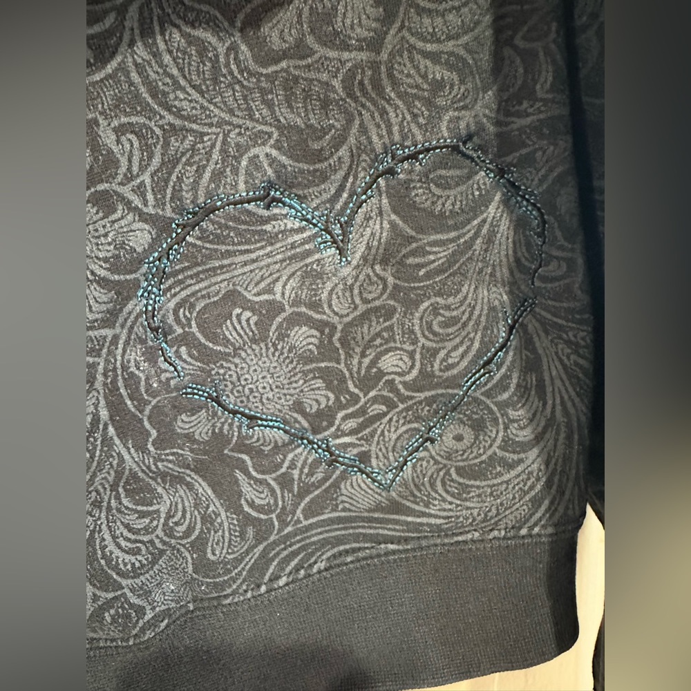 Cowgirl Hardware Black Grey Paisley Hoodie Blue Logo Rhinestones Bling Heart M - Picture 5 of 15